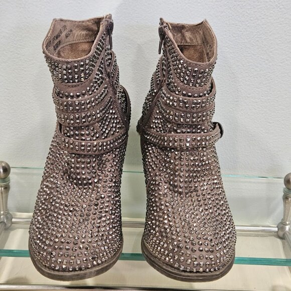 Women's Very G Rhinestone Studded Zip Up Buckles Bootie Size 8.5 Taupe - Picture 3 of 8